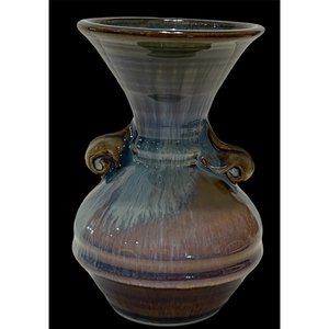 VTG Bill Campbell Art Pottery Blue Drip Glaze Handle Vase Signed